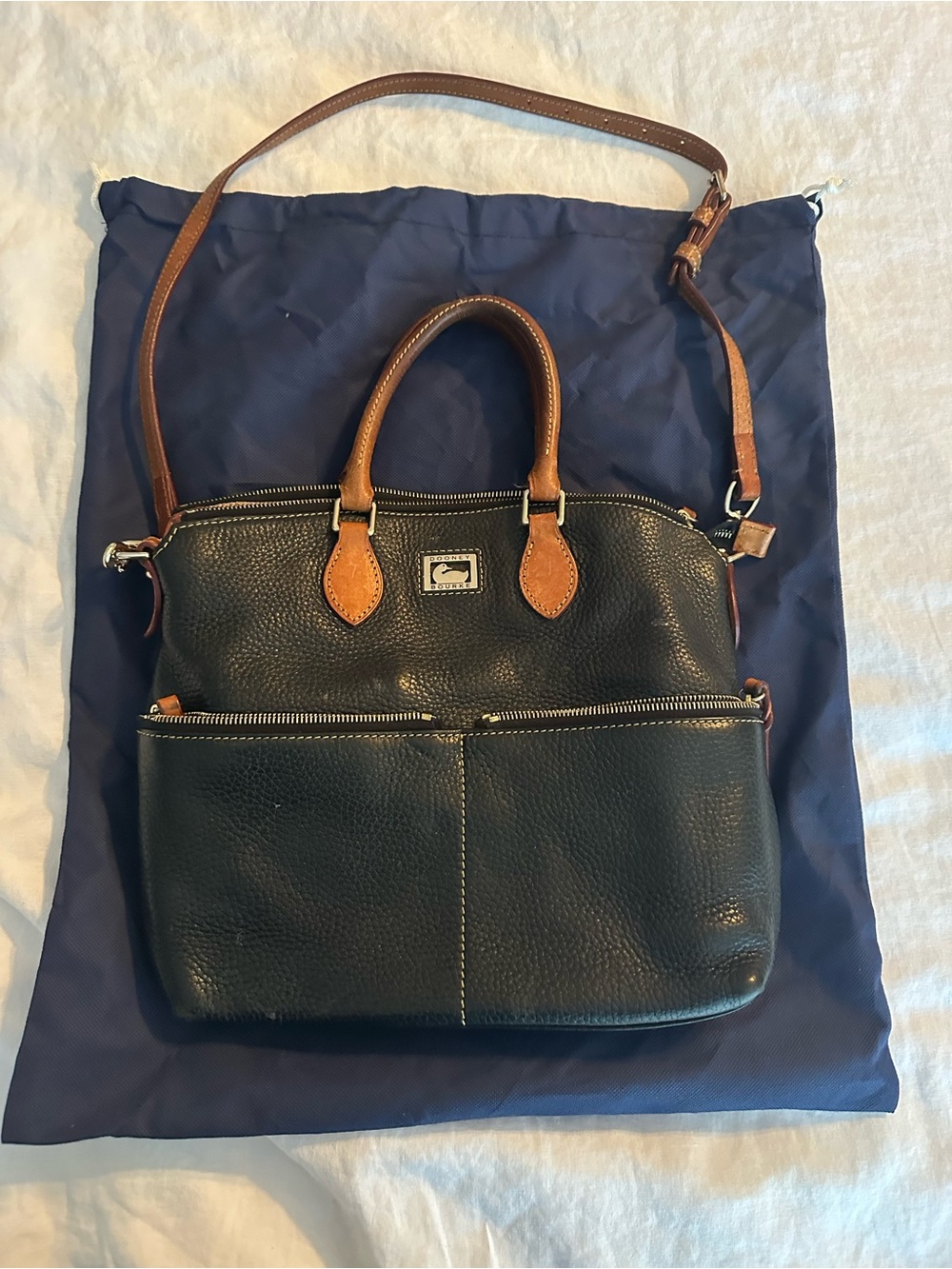 Dooney & Bourke Black Pebbled Leather Messenger with Brown Trim